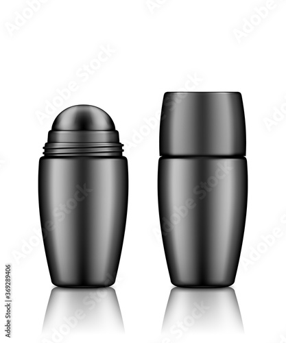 Roller bottle deodorant, or serum, cream, essential oil. Body care cosmetic template. Blank black and gold beauty product container with cap mockup. Packaging design. 3d realistic vector illustration