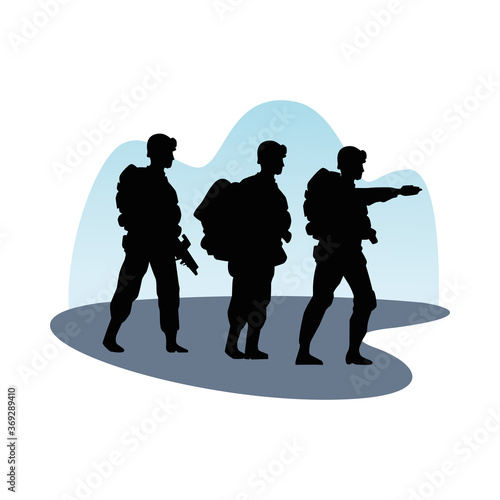 three soldiers military silhouettes figures