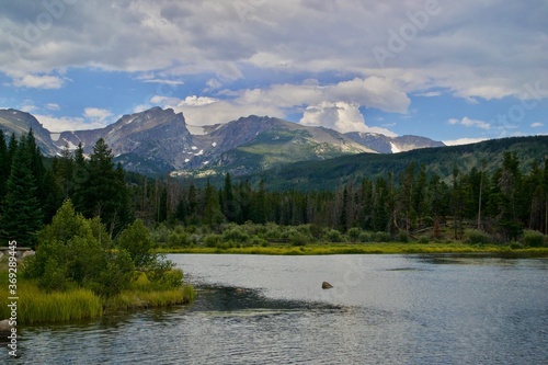 small lake with mountains in background