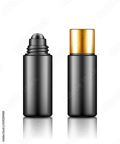 Lip, eye roller black and gold bottle with cream, serum, essential oil for lifting, care, wrinkle prevent. Blank cosmetic product container mockup. Packaging design. 3d realistic vector illustration