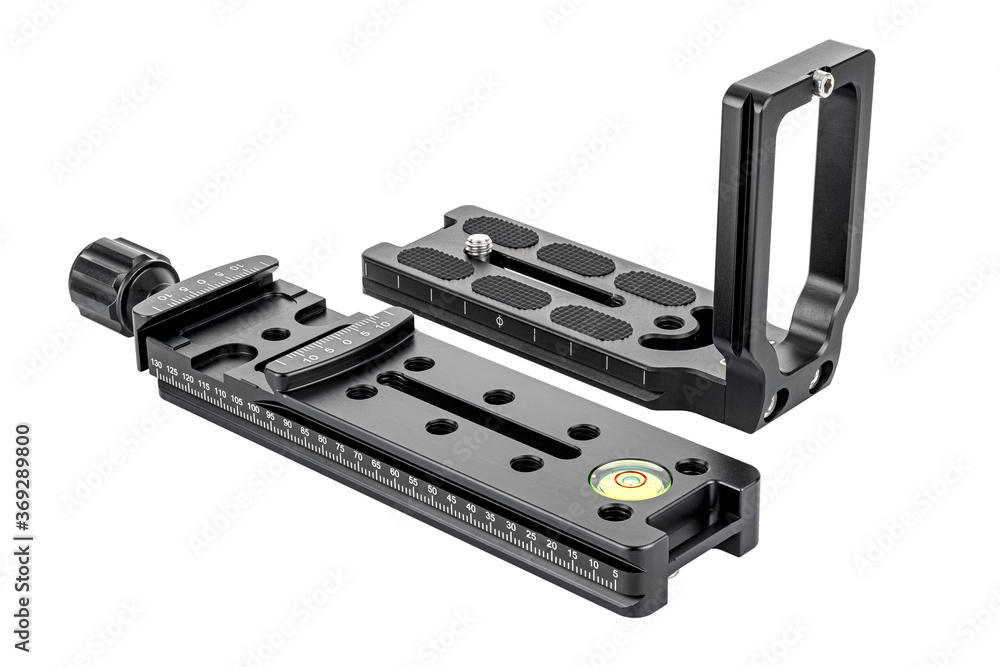 DSLR camera L-bracket with quick release nodal slide rail isolated on white background. Panoramic shooting equipment DSLR camera L-bracket with quick release nodal slide rail isolated on white background. Panoramic shooting equipment