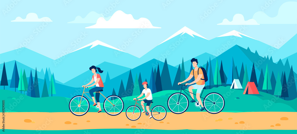 Fototapeta premium Happy family riding bicycles during summer vacation