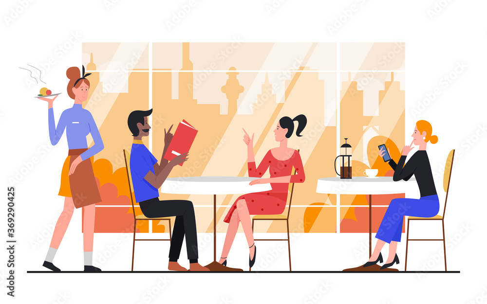 People in autumn city cafe vector illustration. Cartoon flat man woman friends or couple characters ordering, sitting at table in cafeteria near big window with autumnal cityscape isolated on white