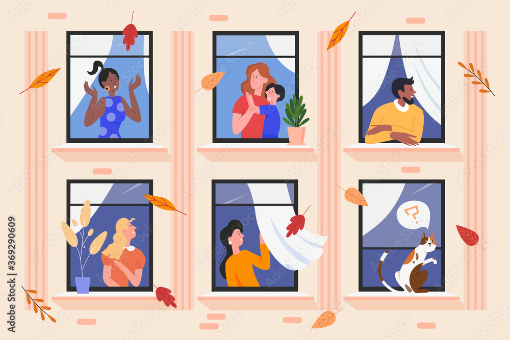 People in facade building windows vector illustration. Cartoon flat man woman neighbour characters living in neighboring home apartments, enjoying autumn good weather. Happy neighbourship background