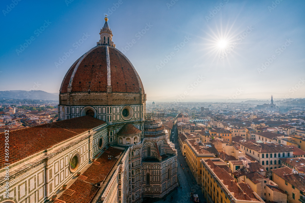 Top view of Santa Maria del Fiore duomo church and Florence old city skyline in Italy.