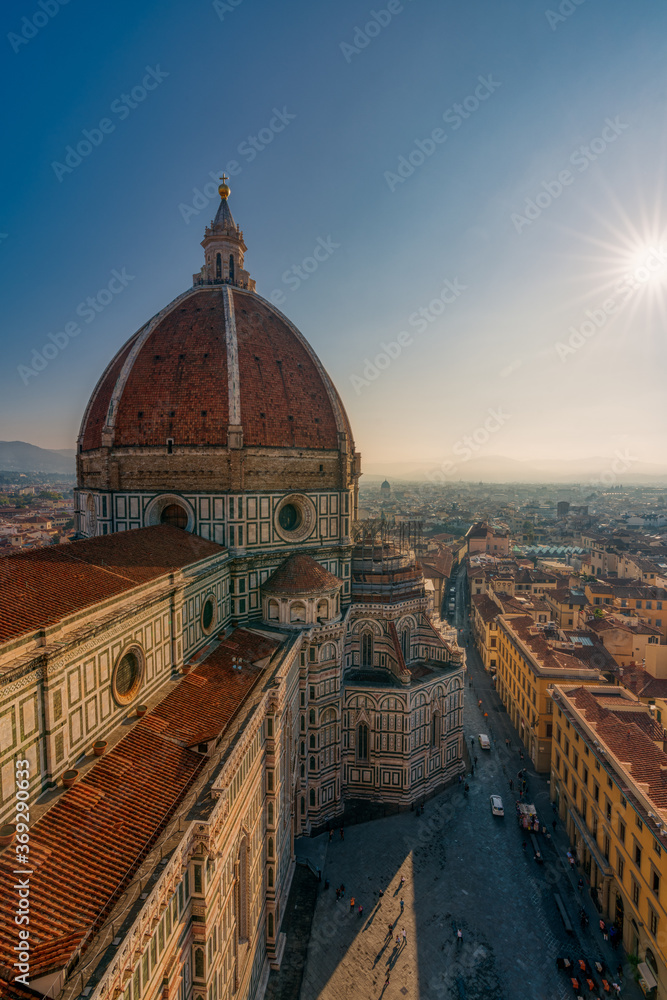 Top view of Santa Maria del Fiore duomo church and Florence old city skyline in Italy.