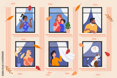 People in facade building windows vector illustration. Cartoon flat man woman neighbour characters living in neighboring home apartments, enjoying autumn good weather. Happy neighbourship background