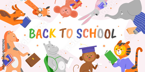 Back to school  education concept vector illustration. Cartoon flat cute happy wild animal characters holding school bag  book and textbook with back to school lettering text  educational background