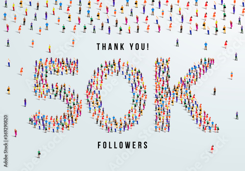 Thank you 50K or fifty thousand followers. large group of people form to create 50K vector illustration