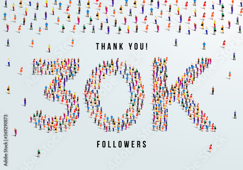 Thank you 30K or thirty thousand followers. large group of people form to create 30K vector illustration