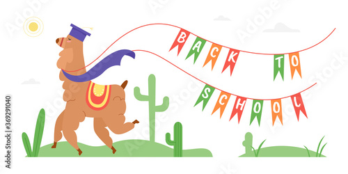 Back to school text motivation vector illustration. Cartoon flat wild happy llama or alpaca animal character in school graduate hat running with flags, creative education concept isolated on white