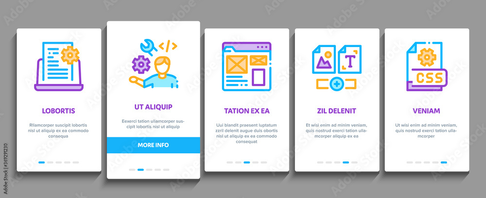 Front End Development Onboarding Mobile App Page Screen Vector. Front End It Sphere, Html And Css Code, Internet Web Site Design And Painting Illustrations Front End Development Onboarding Mobile App Page Screen Vector. Front End It Sphere, Html And Css Code, Internet Web Site Design And Painting Illustrations