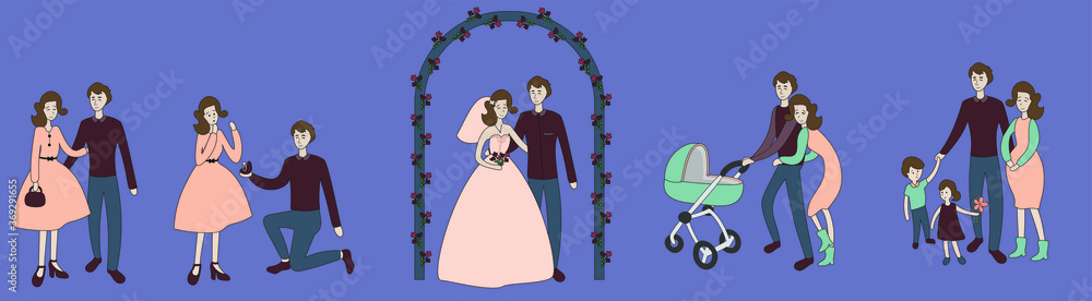 Creating family timeline flat vector illustration Dating Proposal to getting married and birth of children Creating family timeline flat vector illustration Dating Proposal to getting married and birth of children