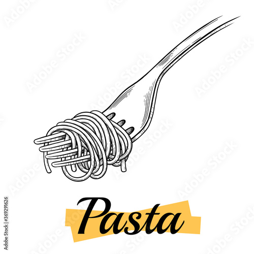 Italian pasta. Spaghetti on a fork. Vintage black illustration isolated on a white background. Engraving, outline, ink style.