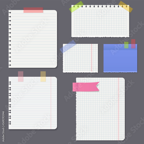 Set of different vector note papers. Vector torn paper pieces, blank squared and lined notepad pages pieces and design elements for attaching paper: pins, scotch tape and paper clip set, isolated, vec