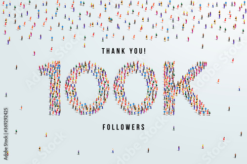 Thank you 100K or one hundred thousand followers. large group of people form to create 100K vector illustration