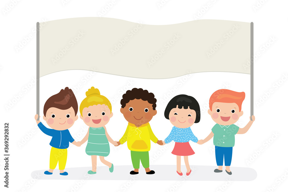 Cute cartoon children holding blank banner template. Kids of different races and nations Cute cartoon children holding blank banner template. Kids of different races and nations