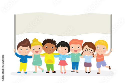 Cute cartoon children holding blank banner template. Kids of different races and nations isolated on white background