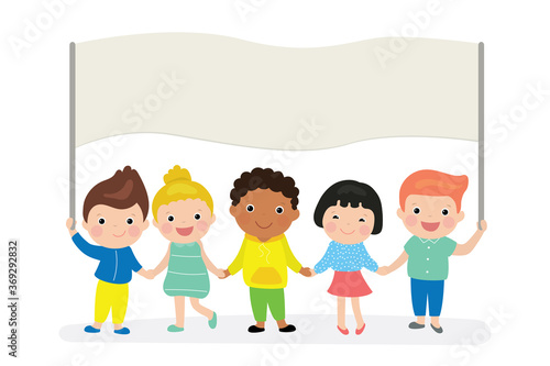 Cute cartoon children holding blank banner template. Kids of different races and nations