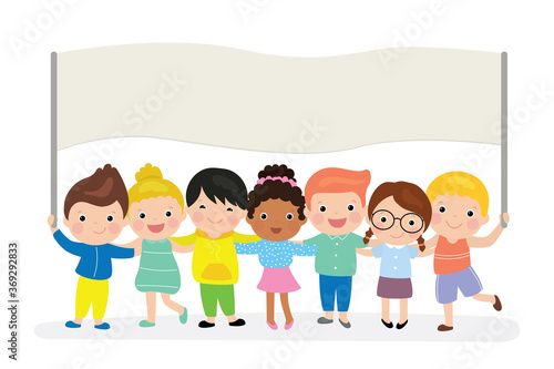 Cute cartoon children holding blank banner template. Kids of different races and nations isolated on white background