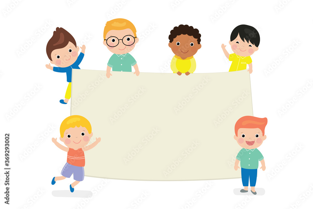 Cartoon boys kids holding empty banner template. Blank space for text or design. Multi-ethnic group of children. Cartoon boys kids holding empty banner template. Blank space for text or design. Multi-ethnic group of children.