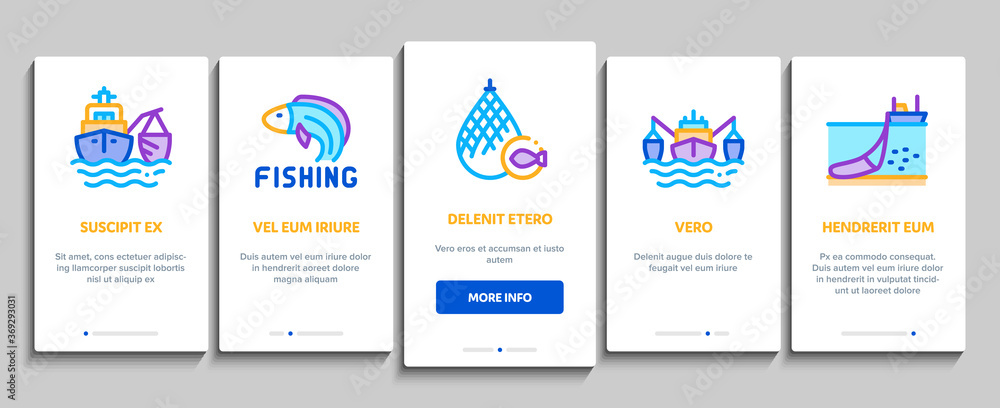 Fishing Industry Business Process Onboarding Mobile App Page Screen Vector. Fishing Industry Processing, Boat With Catch, Fish Drying And Froze, Factory Conveyor Illustrations
