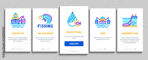 Fishing Industry Business Process Onboarding Mobile App Page Screen Vector. Fishing Industry Processing, Boat With Catch, Fish Drying And Froze, Factory Conveyor Illustrations
