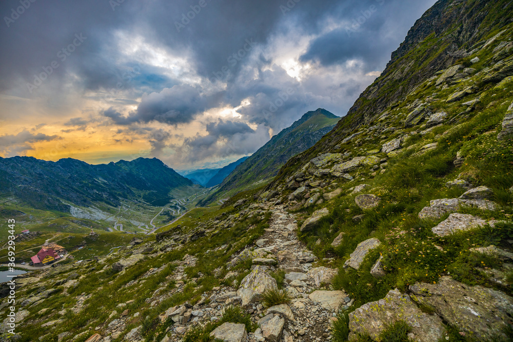 Mountainous landscape in a cloudy misty summer day