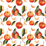 Watercolor seamless pattern with mandarins and leaves