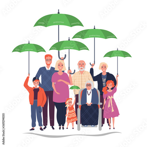 Herd immunity concept. Mother and father with children and grandparents are protected from the harmful effects of viruses. Preventive measures, human protection, group immunity.