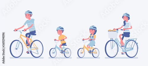 Happy family enjoying bike ride. Father, mother, son and daughter together in a sport activity riding bicycles. Positive friendly outdoor recreation or fun. Vector flat style cartoon illustration