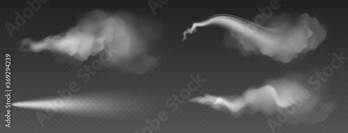 Dust spray, white smoke, powder or water drops trail. Flow mist, smoky stream, aroma or toxic clouds, steaming chemical or cosmetics product vapour, haze. Realistic 3d vector isolated clip art set