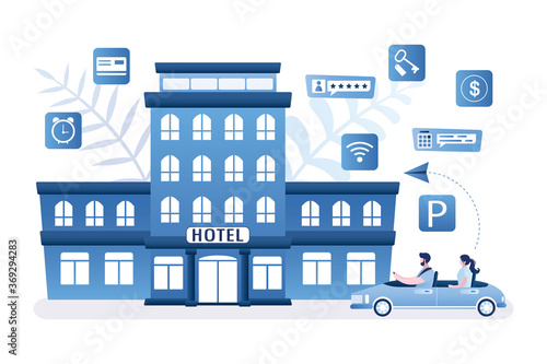 Couple of tourists drive modern car, people come in hotel. Vacation and summertime banner. Online reservation of apartments concept