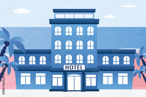 Beachfront view hotel. Modern building on sea coast. Beach apartments or rooms for rent.Tropical climate, palm trees