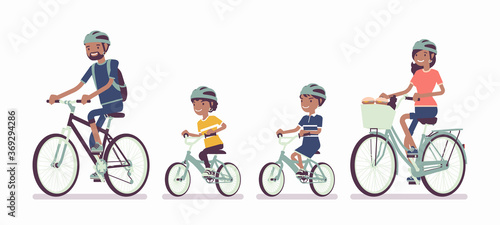 Happy black family enjoying bike ride. Father, mother, son and daughter together in sport activity riding bicycles. Positive friendly outdoor recreation or fun. Vector flat style cartoon illustration