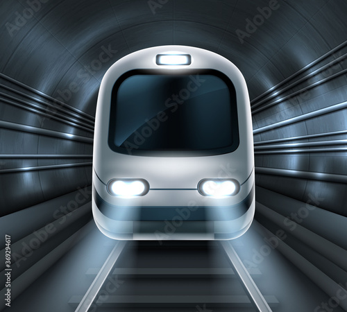 Subway train in metro tunnel front view, locomotive on rails with glowing headlights illumination. Modern underground commuter transport, railway passenger vehicle Realistic 3d vector illustration