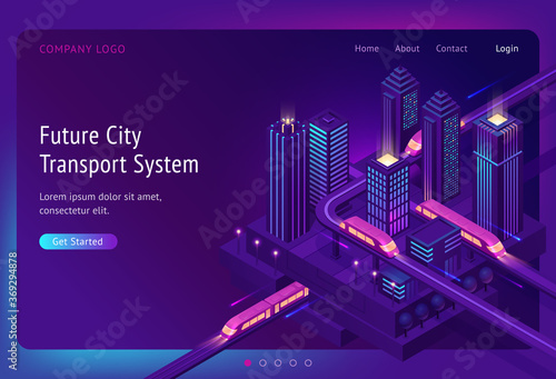 Futuristic town with train highway and skyscrapers at night. Future city transport system banner. Vector landing page of innovation in transport infrastructure with isometric cityscape