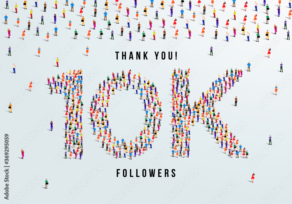 Thank you, 10k or ten thousand followers celebration design. Large group of people form to create a shape 10k. Vector illustration. Thank you, 10k or ten thousand followers celebration design. Large group of people form to create a shape 10k. Vector illustration.