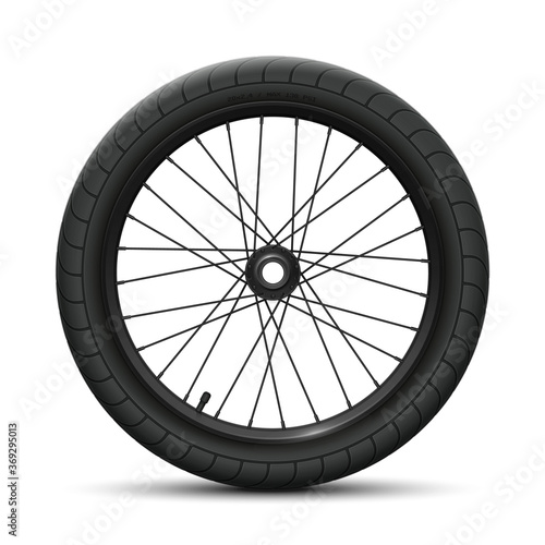 Black rear wheel bicycle BMX. Sports tire with universal tread and marking, rim, spokes, valve and hub. Vector bike parts