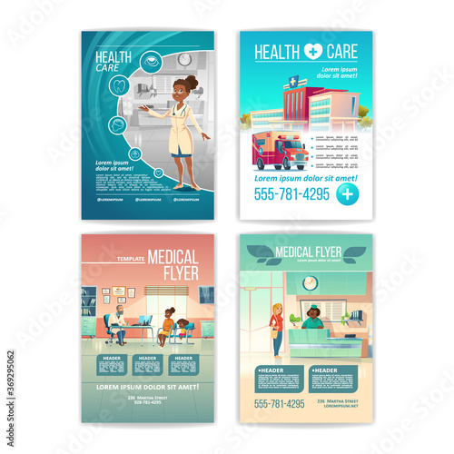 Medical flyers set. Health care service posters with people in hospital, clinic building and interior with receptionist on reception desk, patient on doctor appointment. Cartoon vector illustration