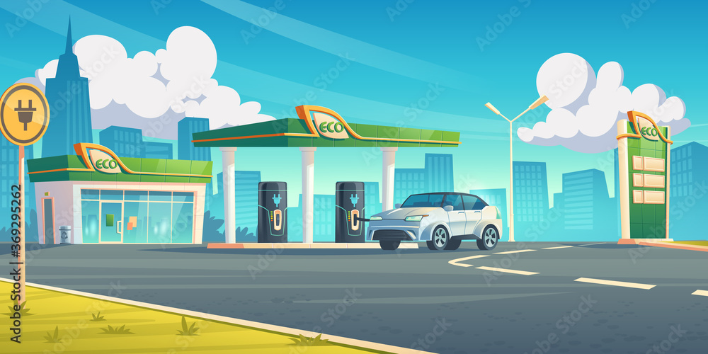 Electric car recharge station, ev refueling service in city of future, hybrid vehicle at battery charger on cityscape background, eco energy fuel selling for urban auto, Cartoon vector illustration - obrazy, fototapety, plakaty 