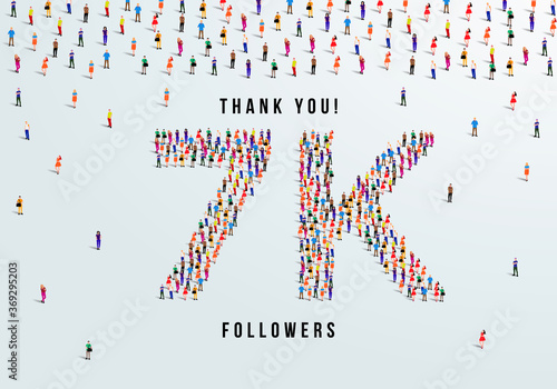 Thank you, 7k or seven thousand followers celebration design. Large group of people form to create a shape 7k. Vector illustration.