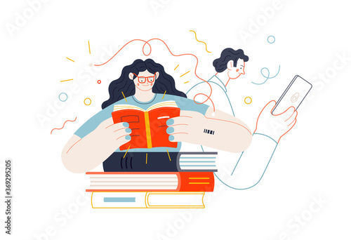Business topics - advance training, education, skill development. Flat style modern outlined vector concept illustration. Man and woman reading books. Business metaphor.