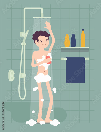Man taking a relaxing shower and soaping with foam. Guy standing in a bathroom enjoys having morning personal hygiene routine and healthy pleasure spa procedure. Vector flat style cartoon illustration