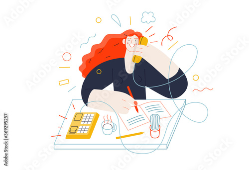 Business topics - client calls. Flat style modern outlined vector concept illustration. A red-haired woman talking to a client by the phone at the office desk. Business metaphor.