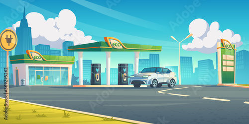 Electric car recharge station, ev refueling service in city of future, hybrid vehicle at battery charger on cityscape background, eco energy fuel selling for urban auto, Cartoon vector illustration © klyaksun