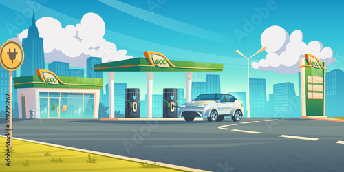 Electric car recharge station, ev refueling service in city of future, hybrid vehicle at battery charger on cityscape background, eco energy fuel selling for urban auto, Cartoon vector illustration
