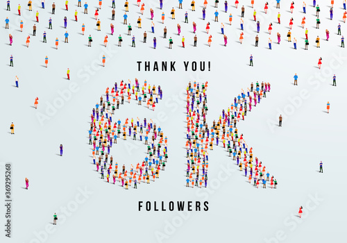 Thank you, 6k or six thousand followers celebration design. Large group of people form to create a shape 6k. Vector illustration.