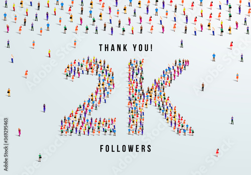 Thank you, 2k or two thousand followers celebration design. Large group of people form to create a shape 2k. Vector illustration.