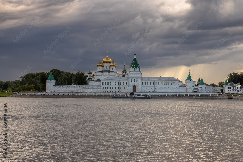 Holy Trinity Ipatiev monastery under a thundercloud in the city of Kostroma on the Bank of the Kostroma river. Gold ring of Russia.